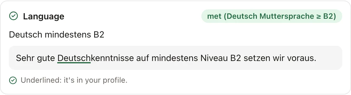 A detail from a nursing role in the Find module, in the English interface: a must-have requirement with the status “met” and a note, below it the sentence quoted verbatim from the ad, which is in German (“Sehr gute Deutschkenntnisse auf mindestens Niveau B2 setzen wir voraus.”). The word part “Deutsch” is underlined in green, and below it a note says “Underlined: it's in your profile.”
