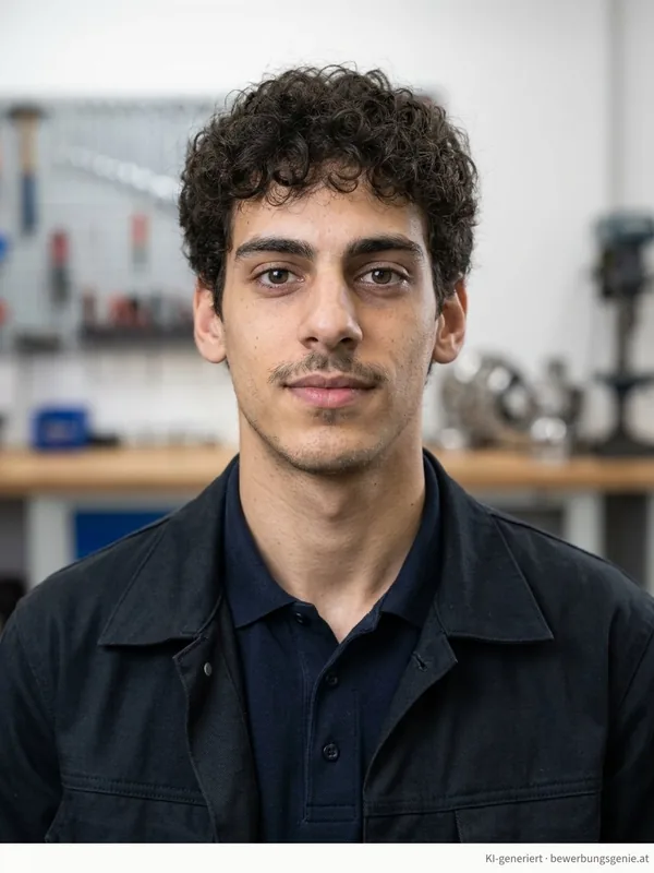 Derselbe Mann als Bewerbungsfoto in dunkler Arbeitsjacke vor einer unscharfen Werkstatt.