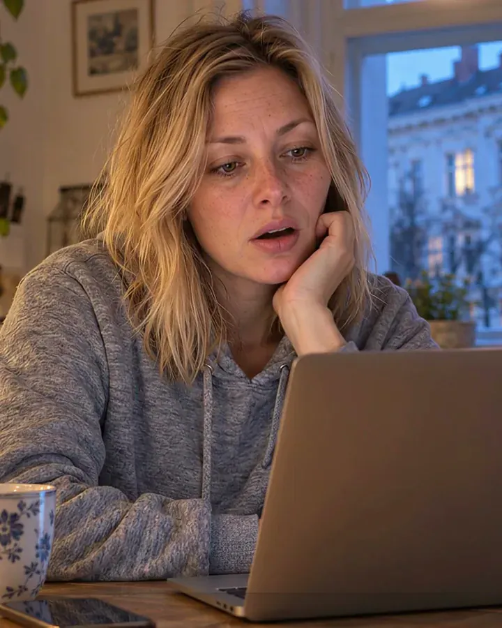 Standbild aus dem Film: Eine Frau um die 30 sitzt abends in ihrer Altbauküche am Laptop und stützt den Kopf in die Hand.